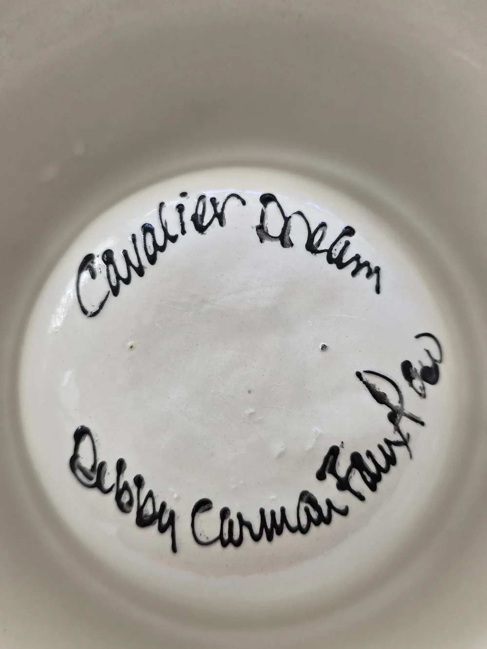 Ceramic Dog Bowl Cavalier King Charles Spaniel. Signed. Fr Laguna Beach. Crazing